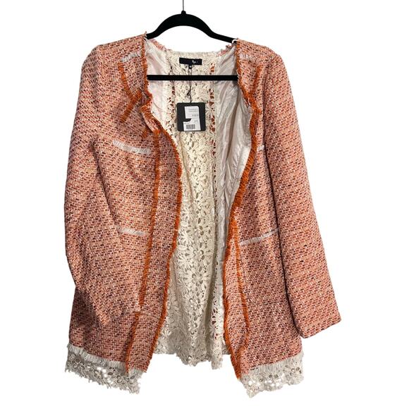 Ryu NWT Tweed Crochet Jacket Orange Cream Soze Medium Boho Classy Professional - Picture 10 of 10